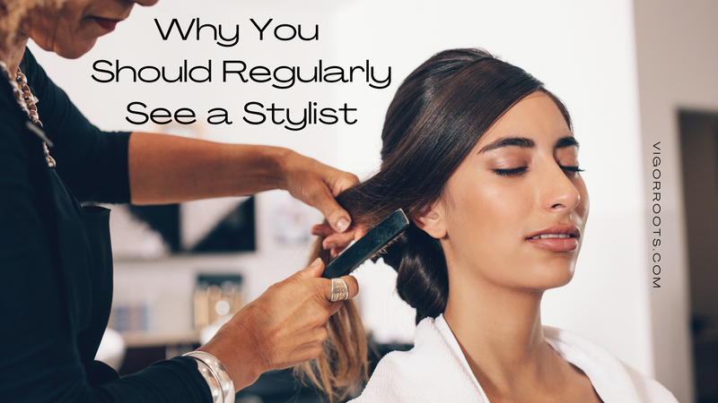 Regularly seeing a stylist is an important part of scalp care. The image shows a beautiful, black-haired woman having her hair professionally styled.