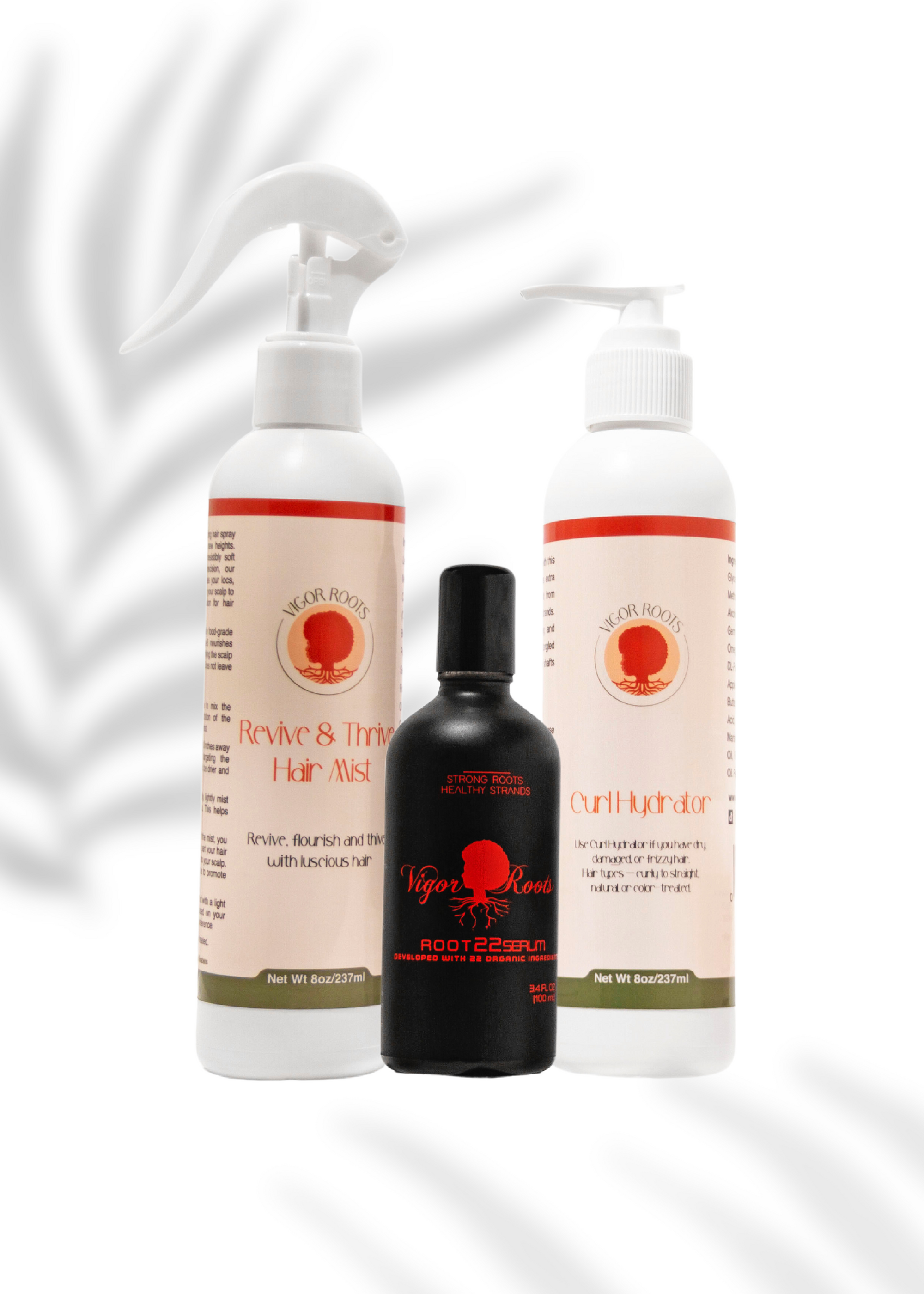 A bright product photo shows off the Vigor Roots Style Bundle: everything you need for a hydrated, healthy, gorgeous crown. The package includes the Revive & Thrive Hair Mist moisturizing spray, the Curl Hydrator Leave-In Conditioner, and the OG fave: Root22Serum to keep your scalp healthy and happy.